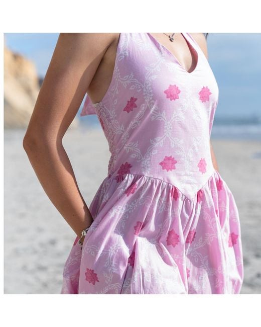 House of Gl Pink Padmae Hand-Block Cotton Halter Neck Midi Floral Dress