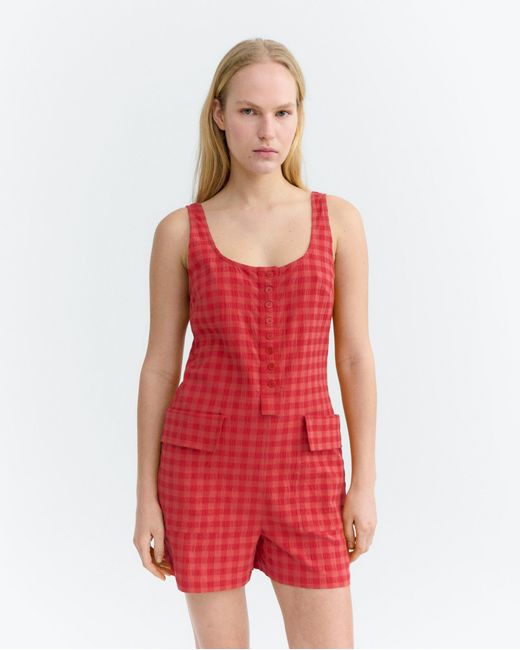 Thinking Mu Red Maud Seersucker Jumpsuit