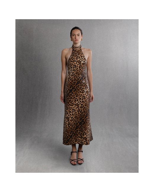 Aisl Brown Leopard Sequin Halter Maxi Dress