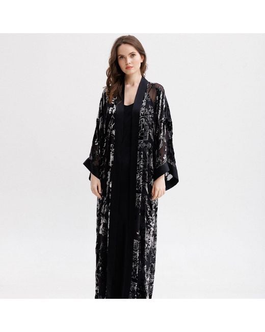 Vimissia Black Long Silk Velvet Kimono Style Robe