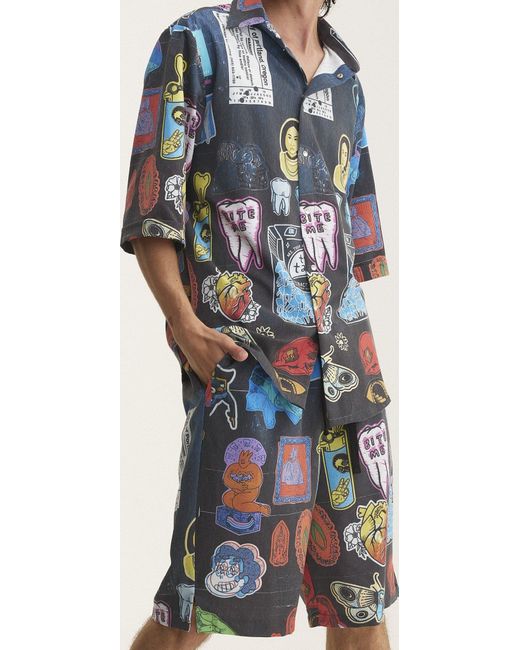 mysimplicated Blue Short Sleeve Shirt And Bermuda Set With Stickers Design for men