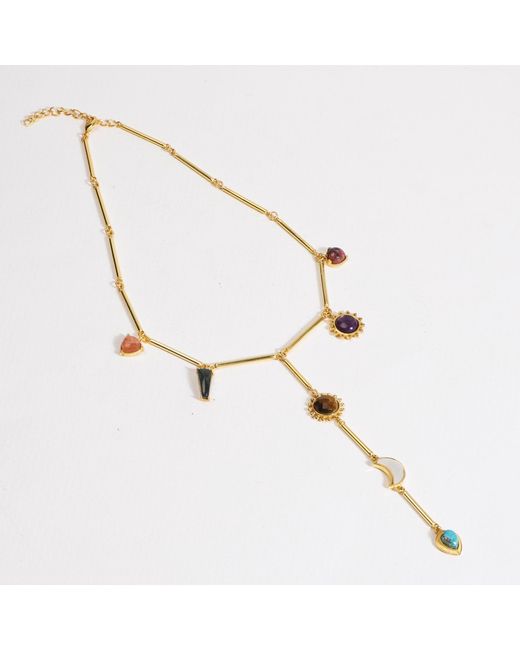 Lila Rasa Metallic Multi Stones Drop Lariat Necklace With 7 Semi-Precious Gemstone