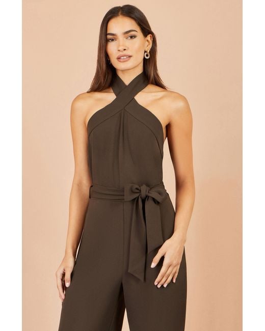 Yumi' Brown Cross Over Halter Neck Jumpsuit