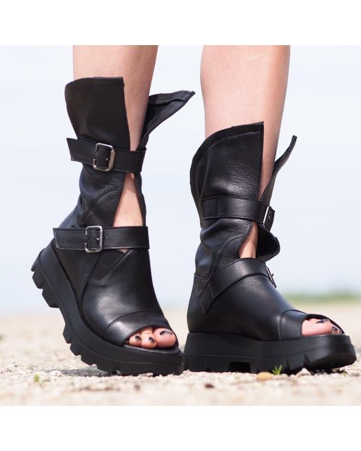 Adrenaline Fashion Blue Designer Summer Boots – Genuine Leather, Open Toe, Chunky Sole With Buckle Straps