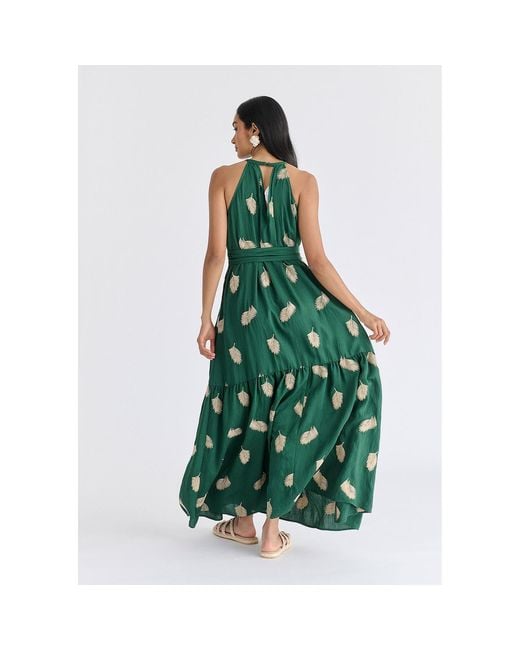 Paisie Green Leaf Embroidered Halterneck Maxi Dress