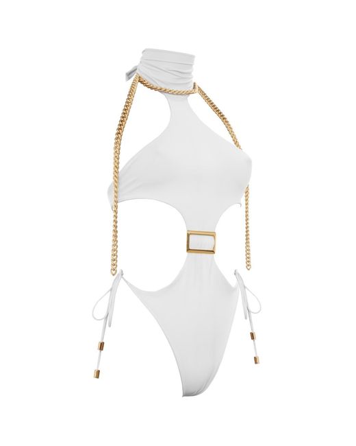 ANTONINIAS Opulent One-piece Swimwear With Golden Details And Decorative Gold Chain In White