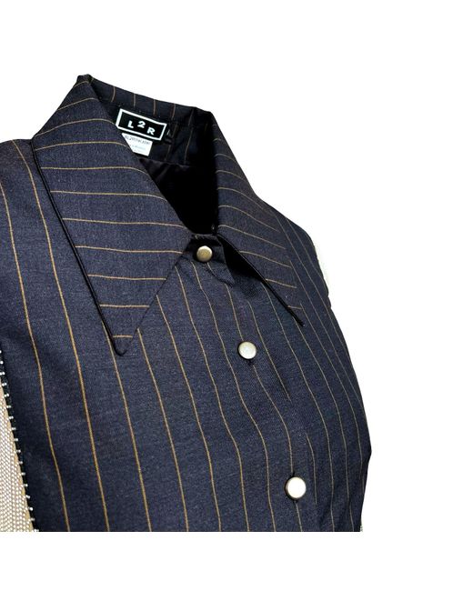L2R THE LABEL Blue Pinstriped Reversible Metallic Fringe Vest