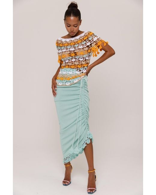 Andreeva Green Mint Carnation Knit Skirt With Handmade Embroidery