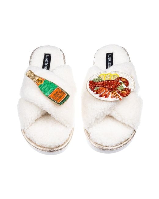 Laines London White Neutrals Laines Neutral Boucle Slippers With Lobster Platter & Champagne Bottle Brooches