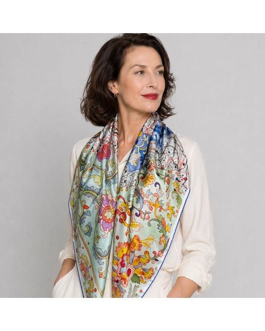 Wenzi Blue Tapestry Of Time Hand Painted Mulberry Silk Square Scarf