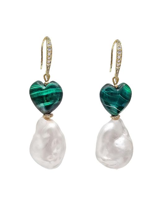 Farra Green Natural Baroque Pearls With Heart Malachite Earrings