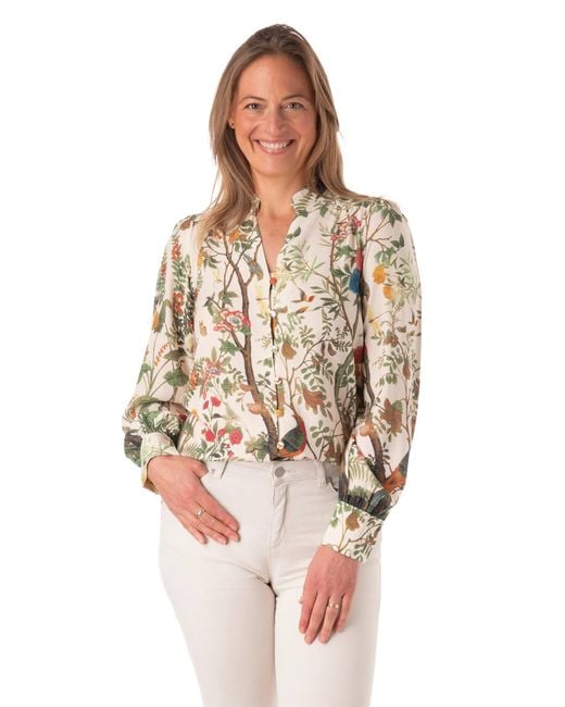 Franchetti Bond White Filide Birds & Branches Ruffle Neck Blouse