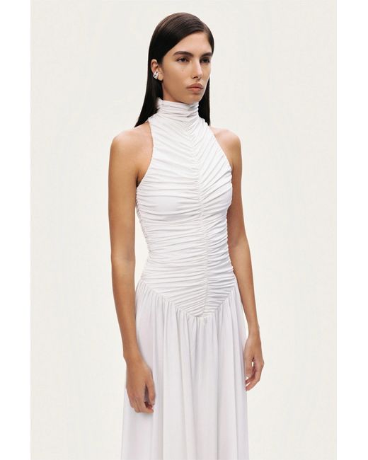 Nocturne White Ruched High-Neck Maxi Dress