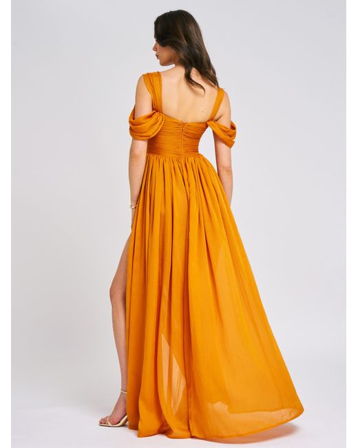 Miss Circle New York Orange Jelani Layered Mesh High-Slit Drape Maxi Dress