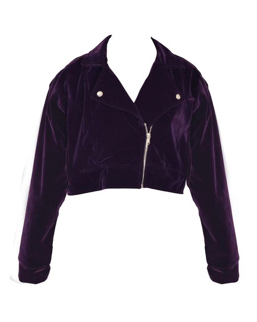 Ettie Blue Rhinestone Back Velvet Cropped Biker Jacket