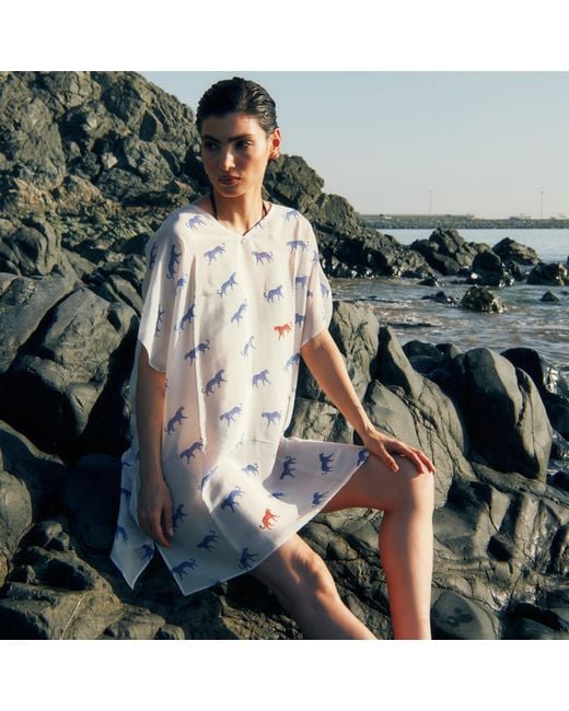 DHARA SHETH DUBAI Blue Leopard Luxe Sheer Short Kaftan Dress
