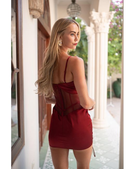 Clerestory Red Amarante Ruched Mesh-Waist Mini Dress