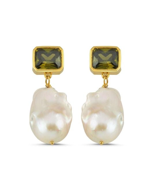LINYA JEWELLERY Metallic Khaki Crystal Stone Baroque Pearl Dangle Earrings