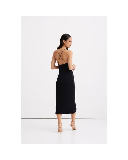 Nomi Fame Black Selena Satin Midi Dress With Straps And Draped Skirt