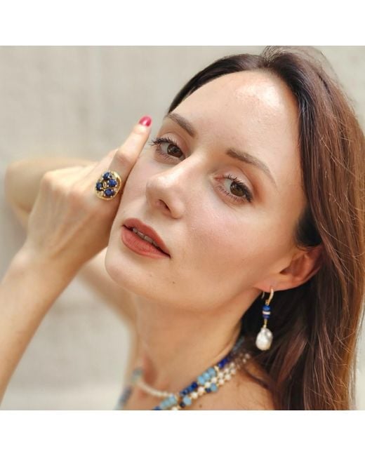 Farra White Elegance Baroque Pearls With Lapis Dangle Earrings