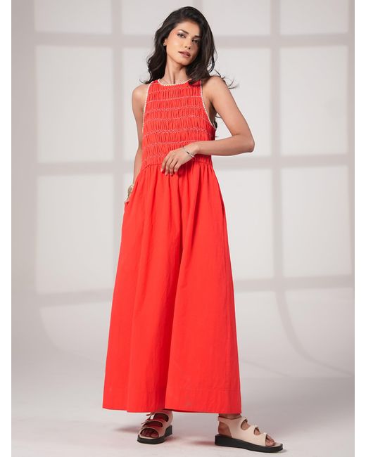 Rose & Nancy Red Issy Smocked Cotton Maxi Dress