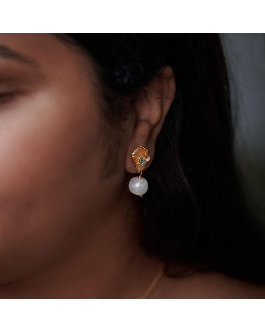 Janus Edinburgh Metallic Irregular Organic Toul Vermeil Topaz Pearl Drop Earrings