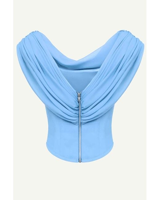 POST MERIDIEM Blue Draped Cowl-Neck Top With Front Panel Draping