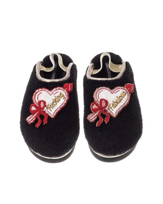 Laines London Black Flatform Cloud Slippers With Fucking Fabulous Hearts Brooches