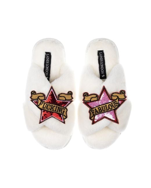 Laines London White Neutrals Classic Laines Slippers With & Fucking Fabulous Brooches
