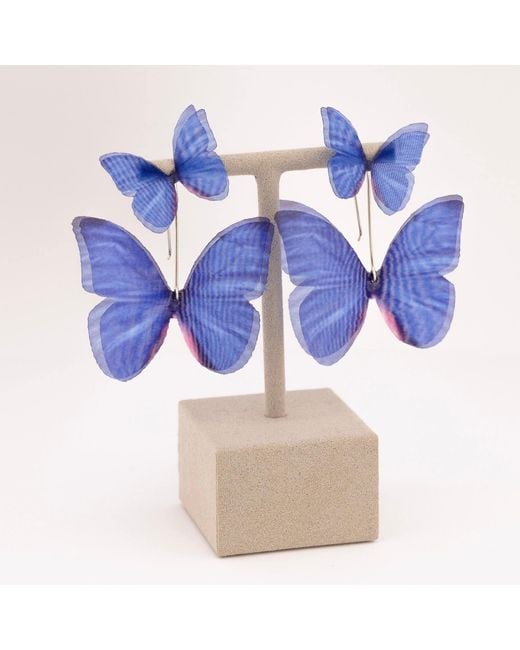 Oana Savu Blue Dark Silk Butterfly Earrings Sterling Statement Dangle Ear Wires