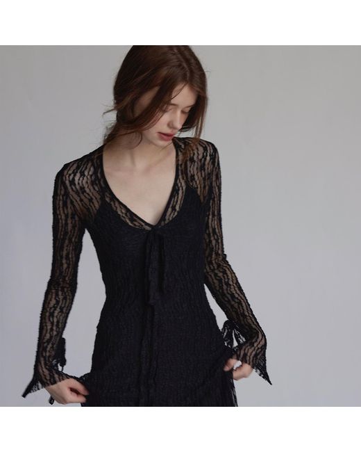 Belsize25 Black Trumpet Dress Flared Sleeve Sheer Lace Knit Dress