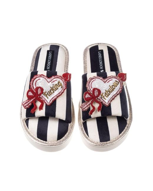 Laines London Red Flatform Stripe Open Toe Slippers With Fucking Fabulous Heart Brooches
