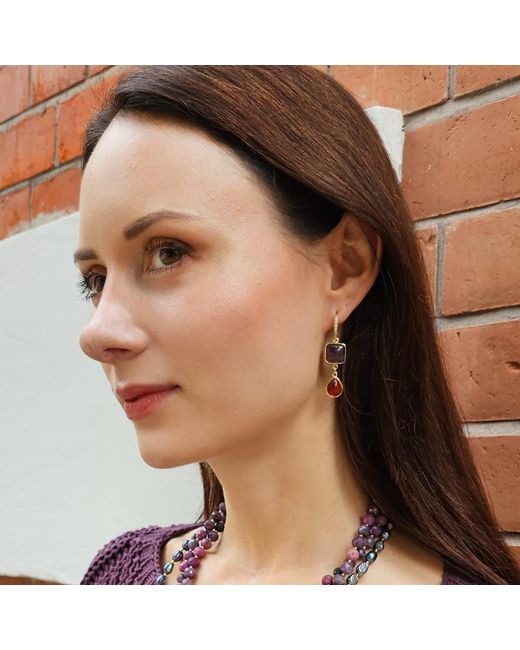 Farra Red Natural Garnet With Agate Dangle Earrings