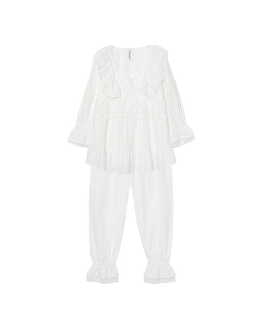 Luna Luz White Angelring Cotton Embroidered Square-Neck Long-Sleeve Pajama Set