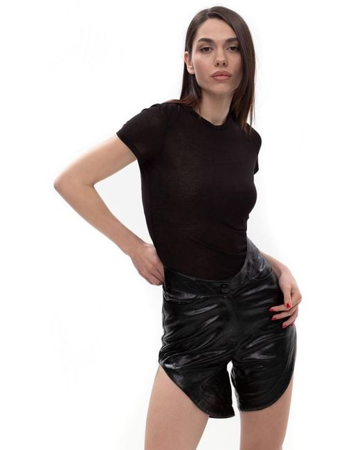 Maison Bogomil Black Curved Cut – Asymmetric High-Low Waist Leather Shorts