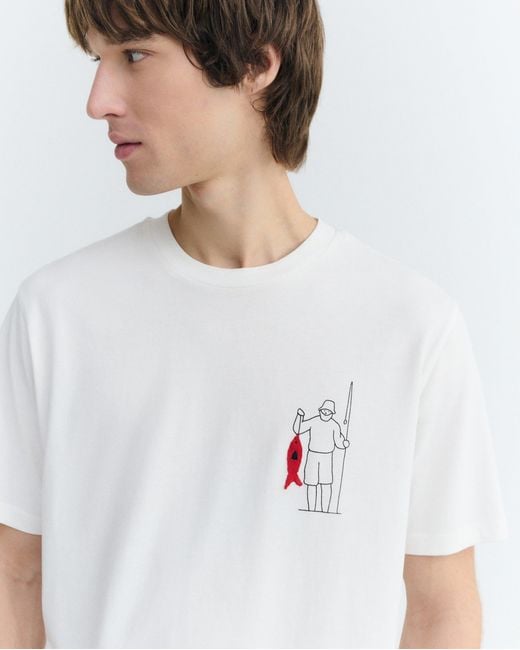 Thinking Mu White Fisherman Zach Embroidered T-Shirt for men