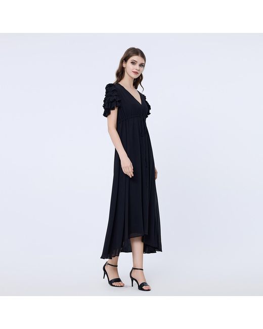 Smart and Joy Black Tiered Frills Shoulder Long Dress