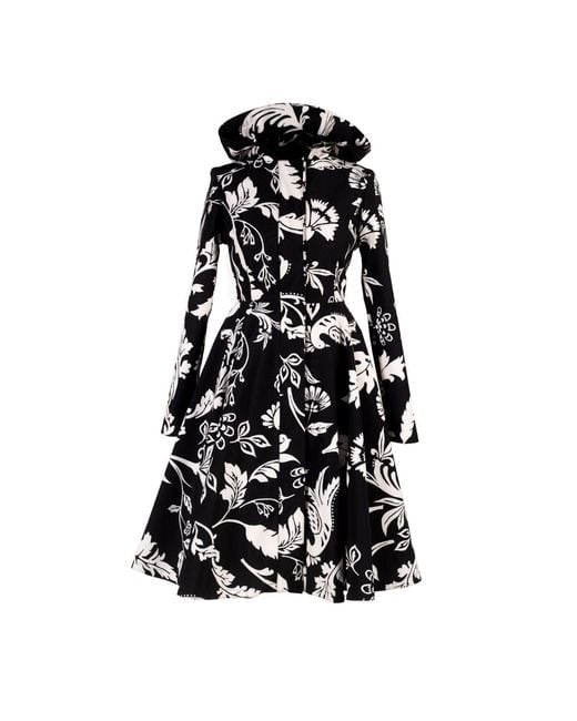 RainSisters Hooded Black And White Waterproof Women's Coat With Floral Print: Blooming Night