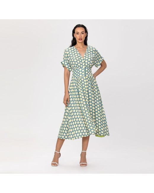 Smart and Joy Green Fit-And-Flare Dots Print Blouse-Dress