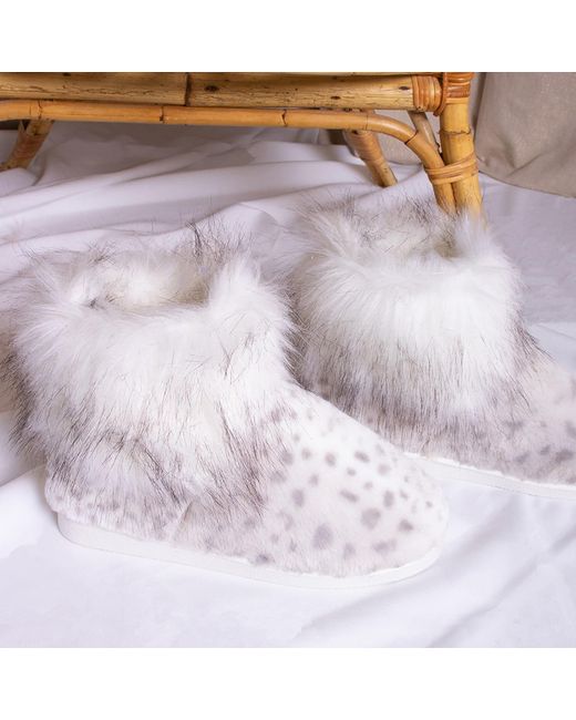 Pretty You London White Cosy Bootie Slipper Fern In Snow Leopard