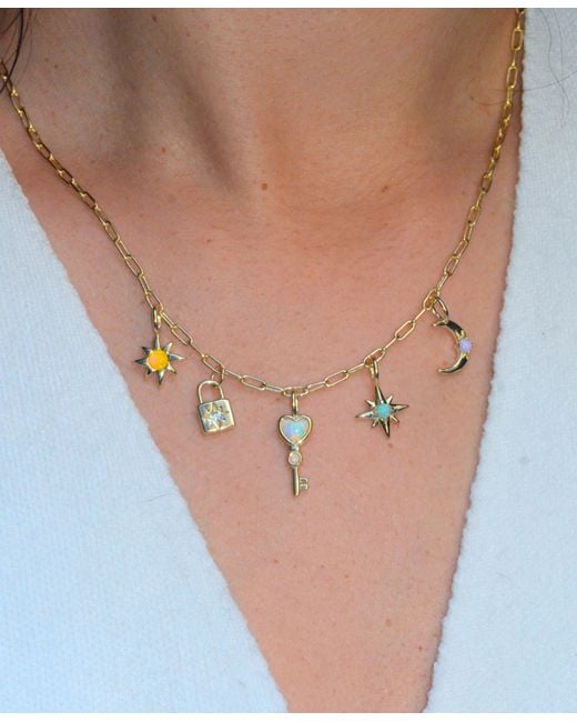 KAMARIA Metallic Lock & Key Celestial Charm Necklace With Opals On Paperclip Chain