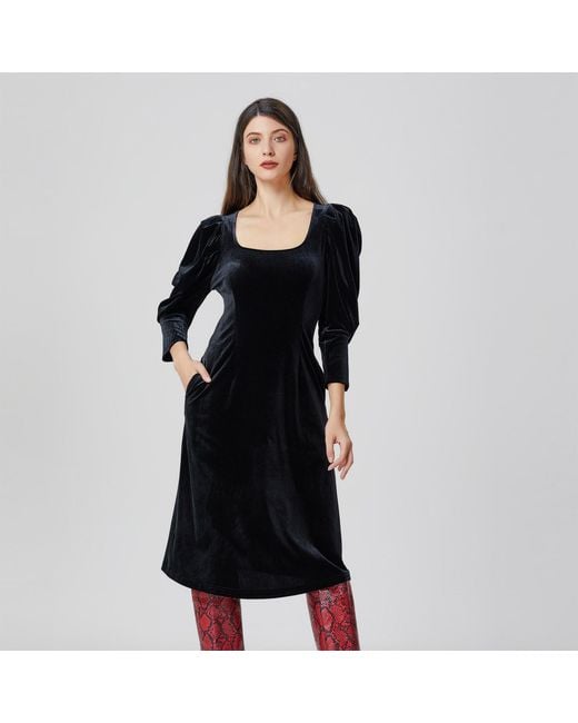 Smart and Joy Black Puffy Sleeves Velvet Dress