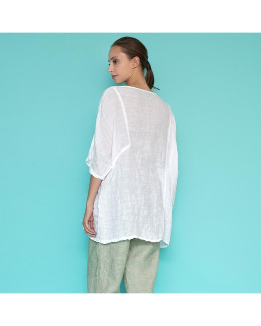 Haris Cotton Gray Front Pocket Curve Linen Gauze Blouse With Batwing Sleeve