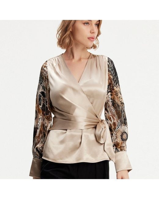 Smart and Joy Natural Neutrals Cross Heart Top With Floral Print Sleeves