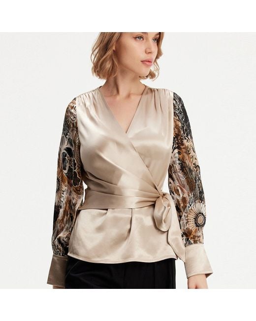Smart and Joy Natural Neutrals Cross Heart Top With Floral Print Sleeves