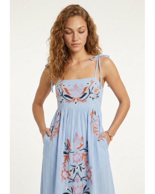 Raffya Blue Furla Smocked Panel Embroidered Midi Dress