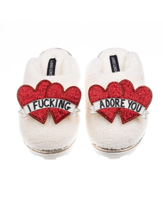 Laines London Red Neutrals Teddy Closed Toe Slippers With I Fucking Adore You Brooches