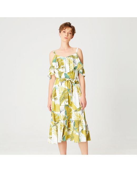 Smart and Joy Yellow Tropical Printed Trapeze Dress With Ruffles And Thin Straps