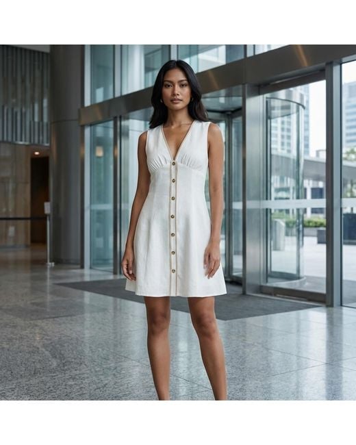 Modenaire White Contrast Trim Mini Dress Button Front