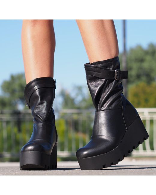 Adrenaline Fashion Black Leather Platform Boots With Buckle Strap Chunky Sole Designer Ankle Boots